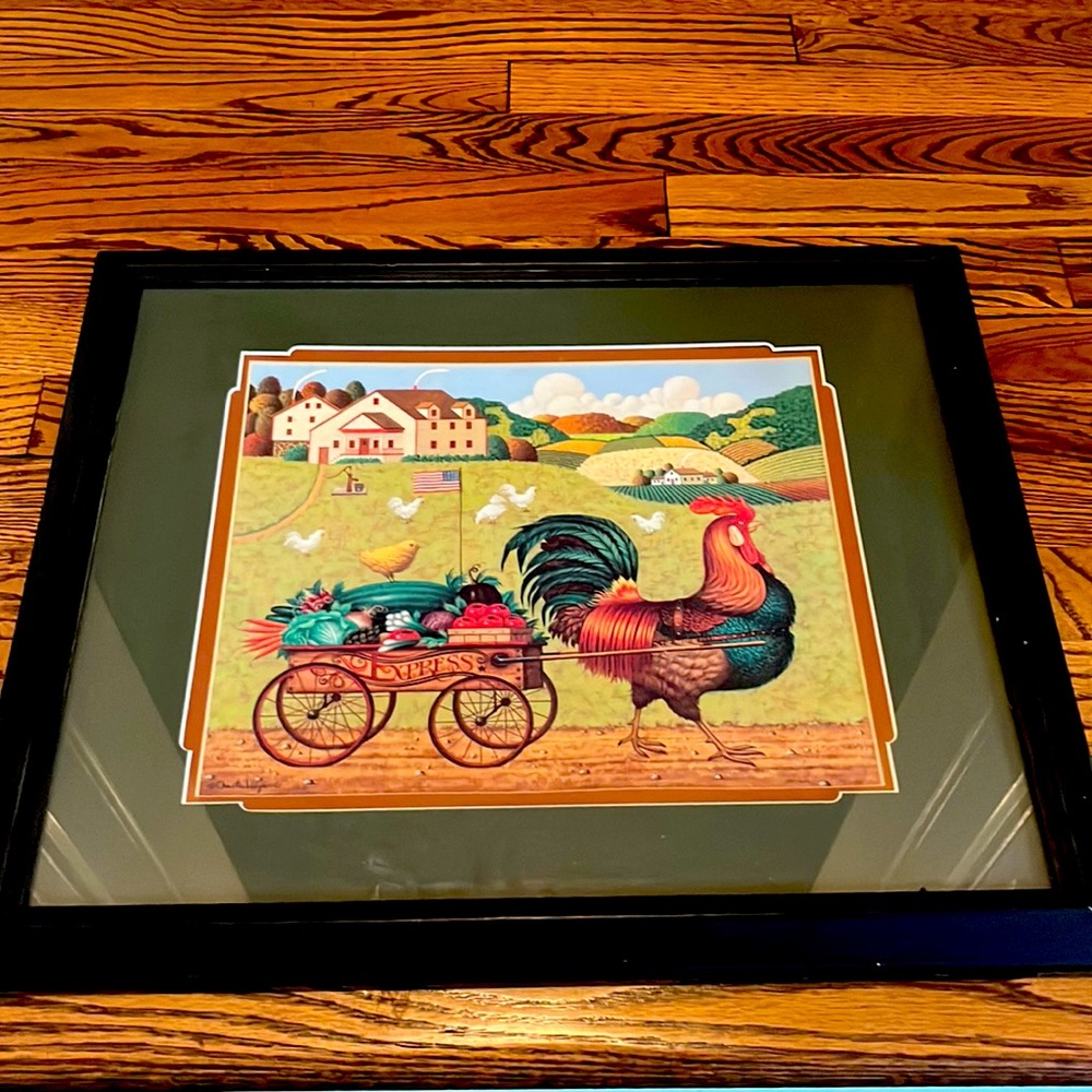 Framed Charles Wysocki Americana “Rooster Express” Print under Glass